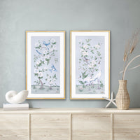 Cranes and Gardenias – Light Blue Chinoiserie Fine Art Paper Print (Various Sizes)