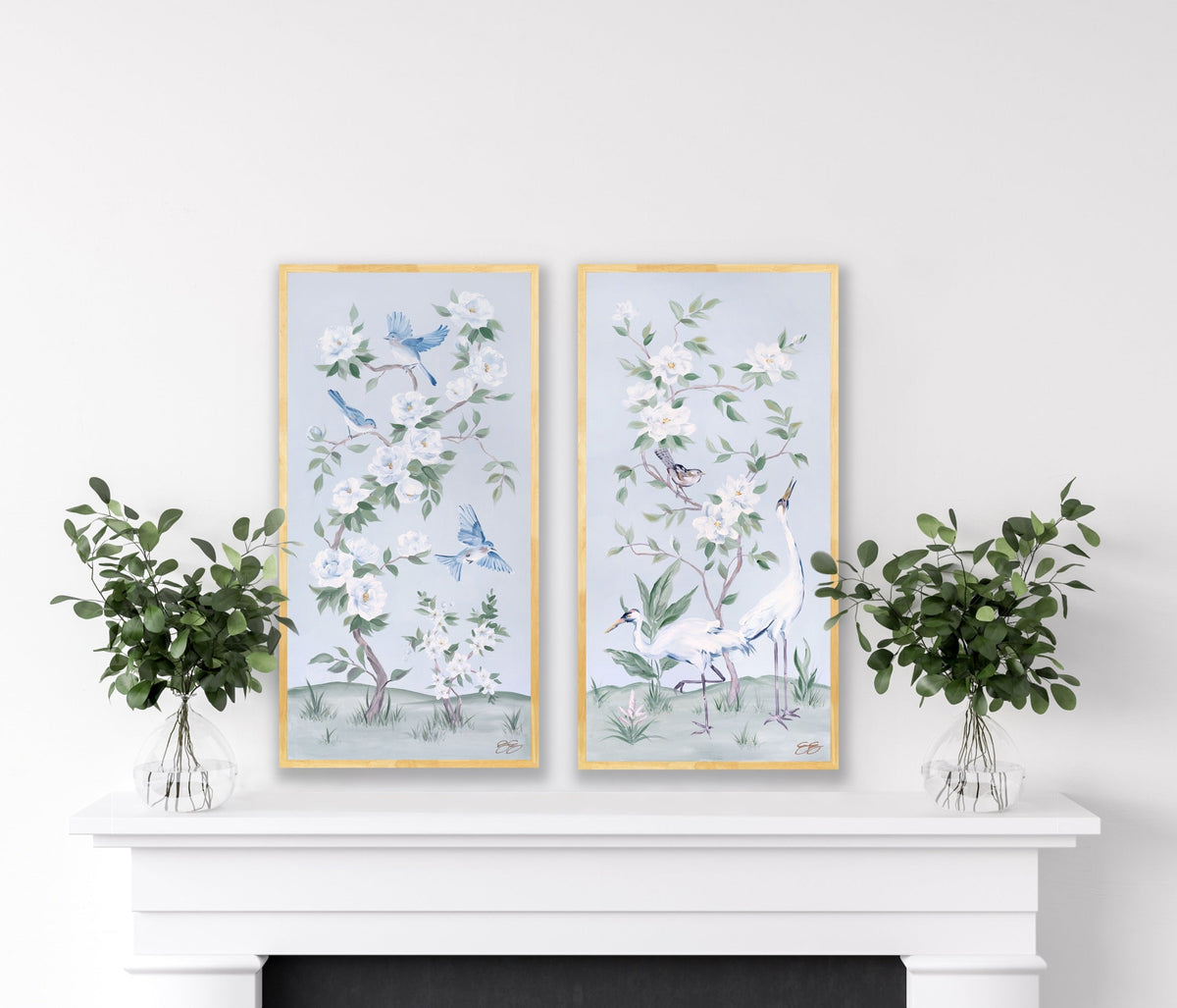 Cranes and Gardenias – Light Blue Chinoiserie Fine Art Paper Print (Various Sizes)