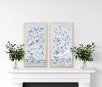 Cranes and Gardenias – Light Blue Chinoiserie Fine Art Paper Print (Various Sizes)