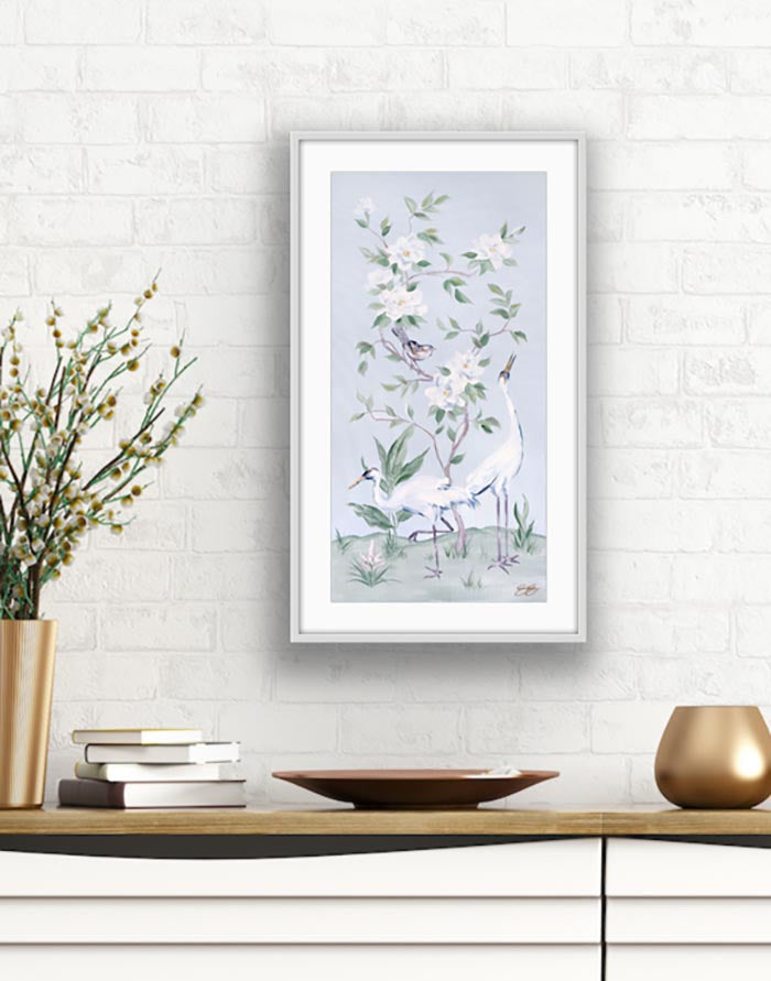 Cranes and Gardenias – Light Blue Chinoiserie Fine Art Paper Print (Various Sizes)