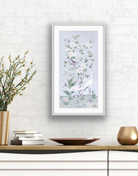 Cranes and Gardenias – Light Blue Chinoiserie Fine Art Paper Print (Various Sizes)