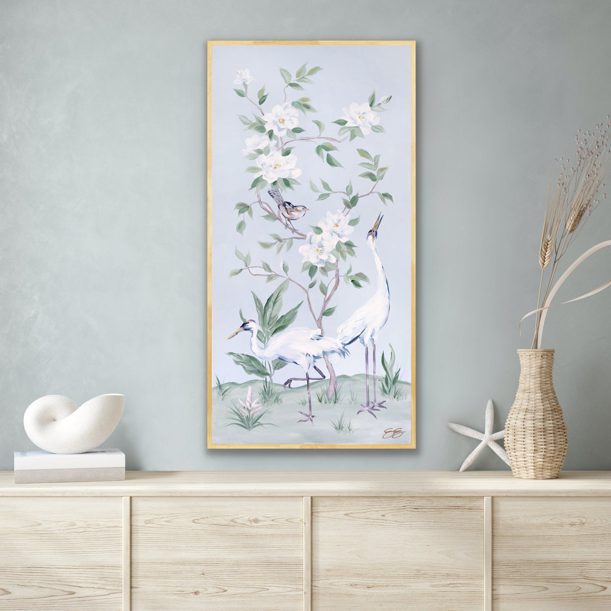 Cranes and Gardenias – Light Blue Chinoiserie Canvas Wrap (Various Sizes)