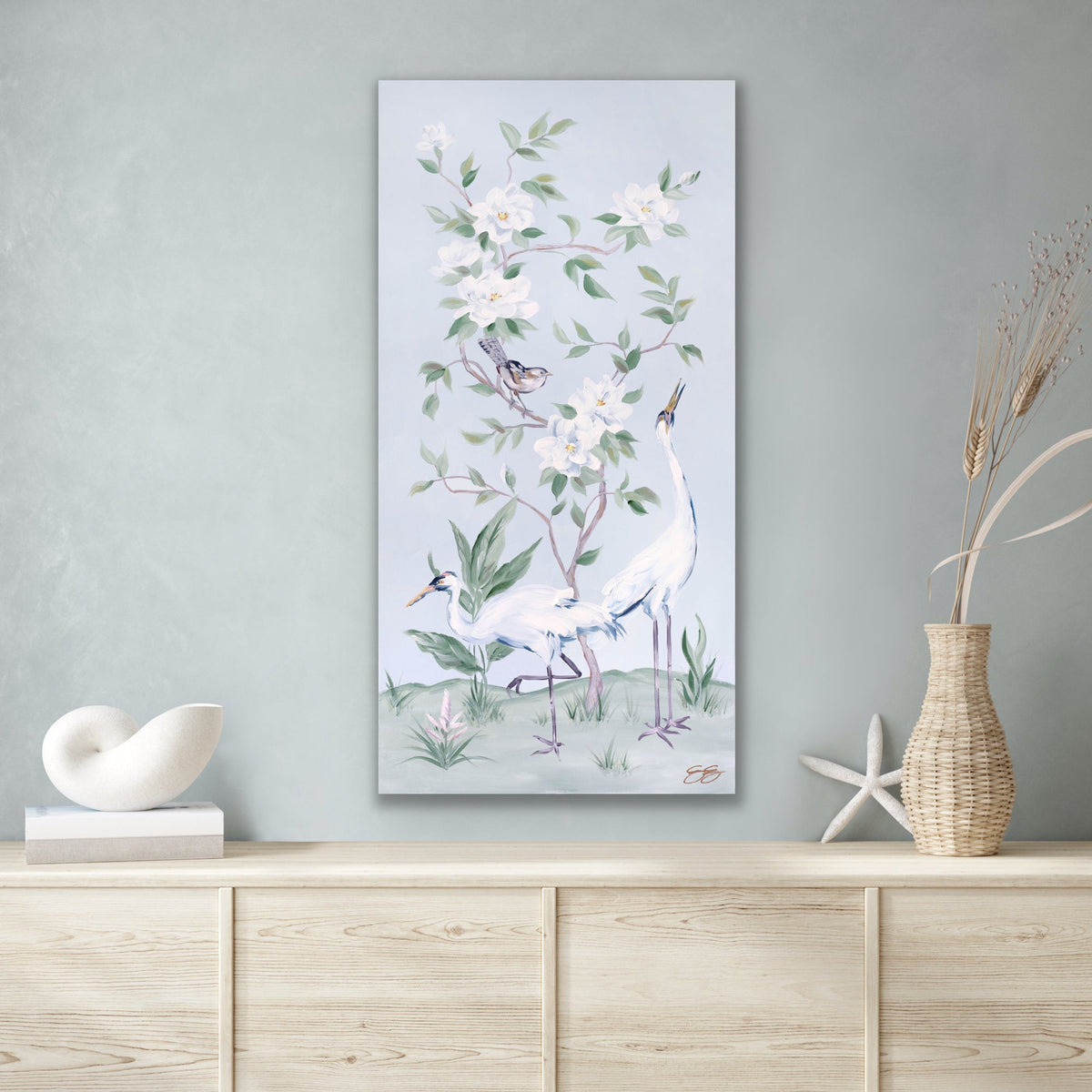 Cranes and Gardenias – Light Blue Chinoiserie Canvas Wrap (Various Sizes)
