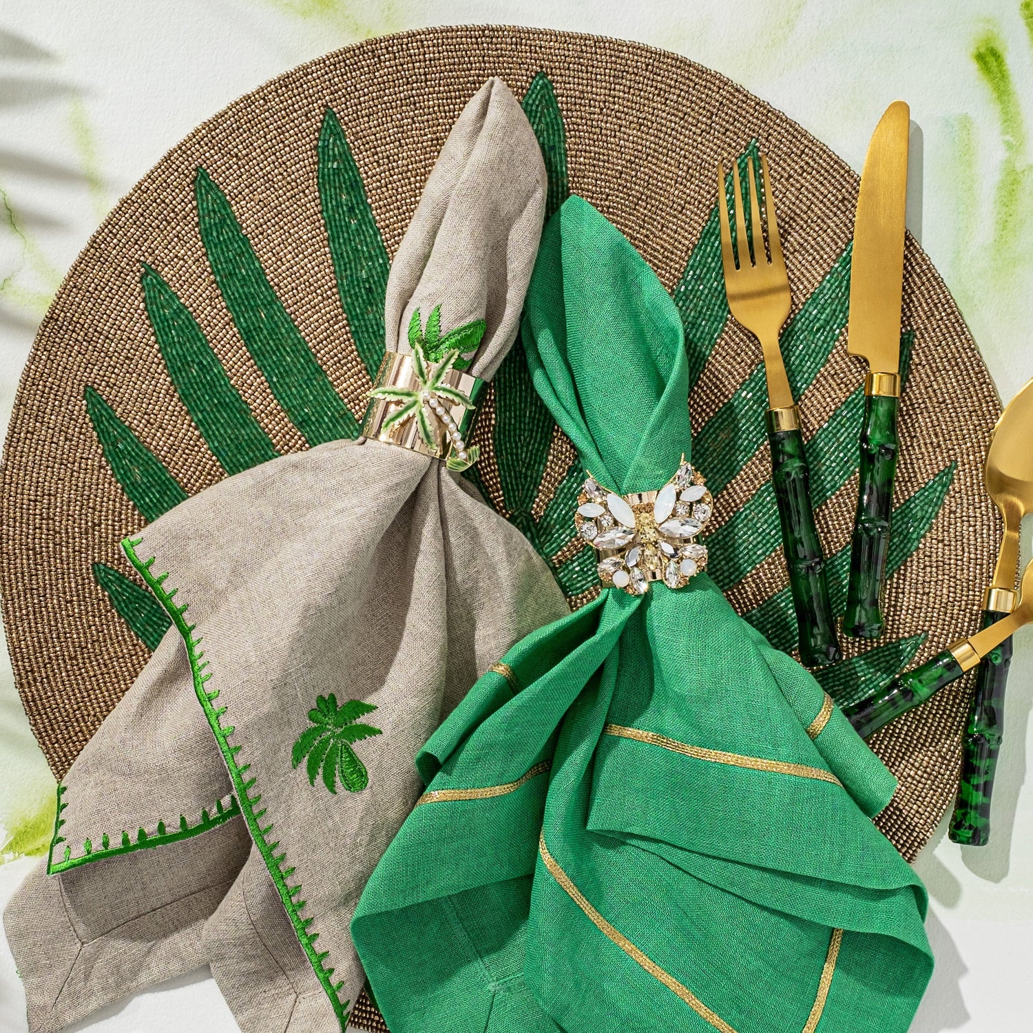 Gold Trim Linen Dinner Napkins – Grass Green (Set of 2)