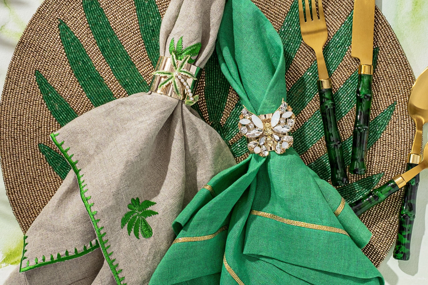 Palm Tree Embroidered Dinner Napkins – Flax (Set of 2)