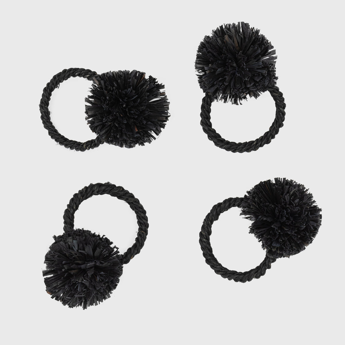 Straw Pompom Napkin Rings – Black (Set of 4)