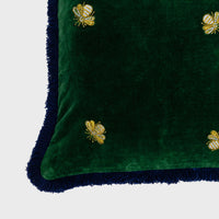 Embroidered Bee Fringe Pillow – Hunter Green Cotton Velvet