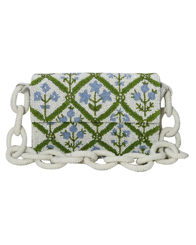Jaipur Blue, White and Green Beaded Handbag with Beaded Chain