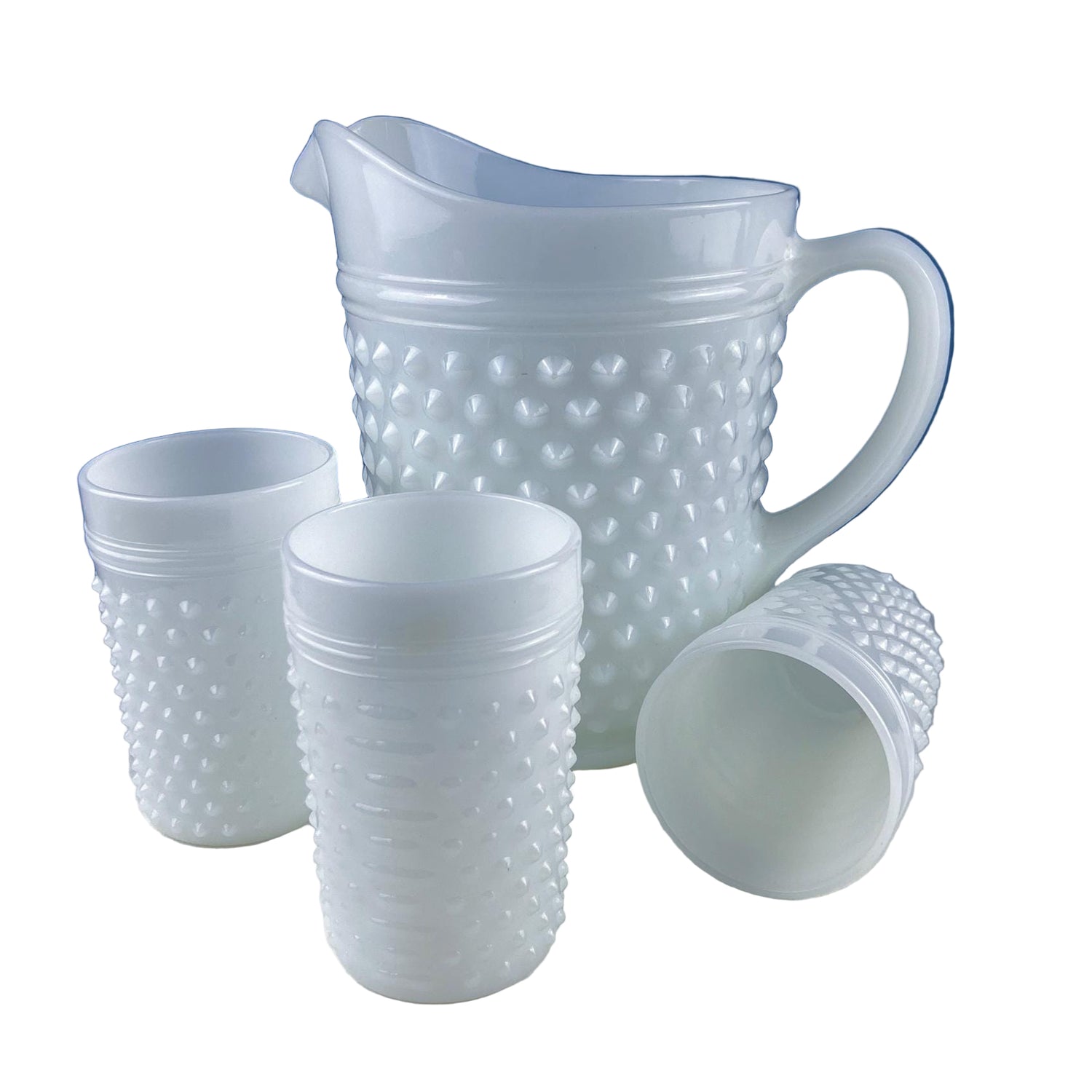 Milk Glass Hobnail Pitcher Set – Large Jug with 3 Matching Glasses