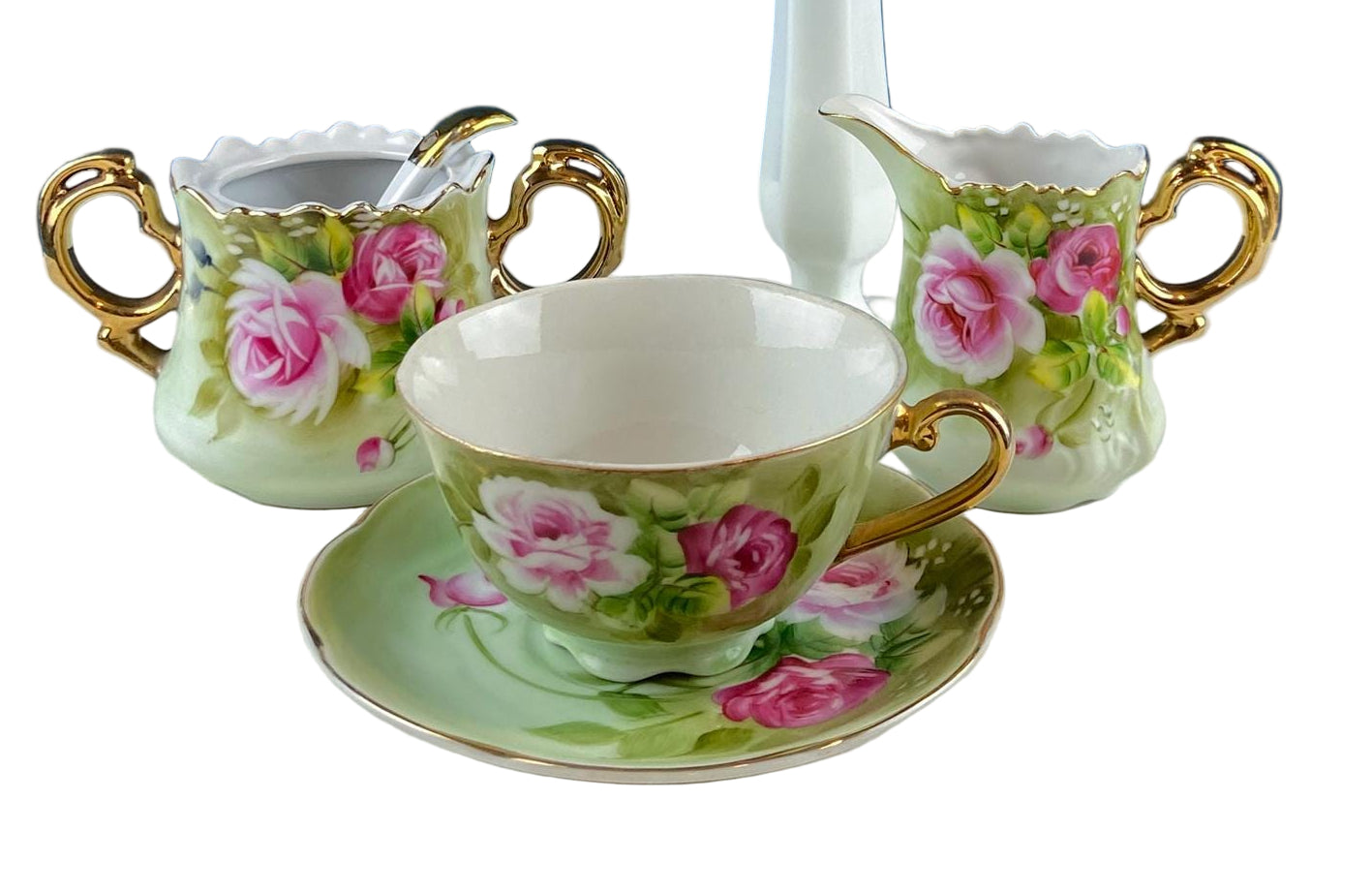Lefton Hand Painted Tea Set – Roses Motif with Cup, Saucer, Creamer & Sugar Jar