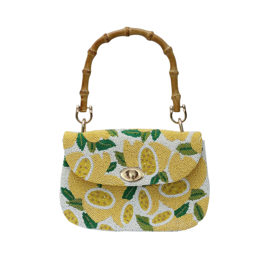 Lemon Beaded Bamboo Handle Handbag