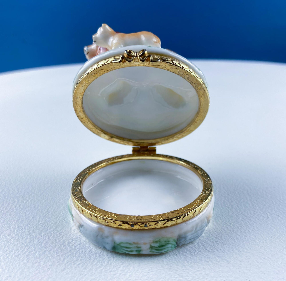 Vintage Lefton Porcelain Miniature Box – Lion & Cub Brass Trinket Box