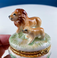 Vintage Lefton Porcelain Miniature Box – Lion & Cub Brass Trinket Box