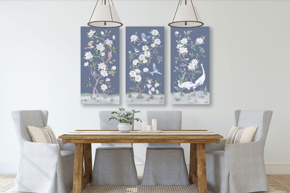 Cranes and Gardenias – Dark Blue Chinoiserie Canvas Wrap (Various Sizes)