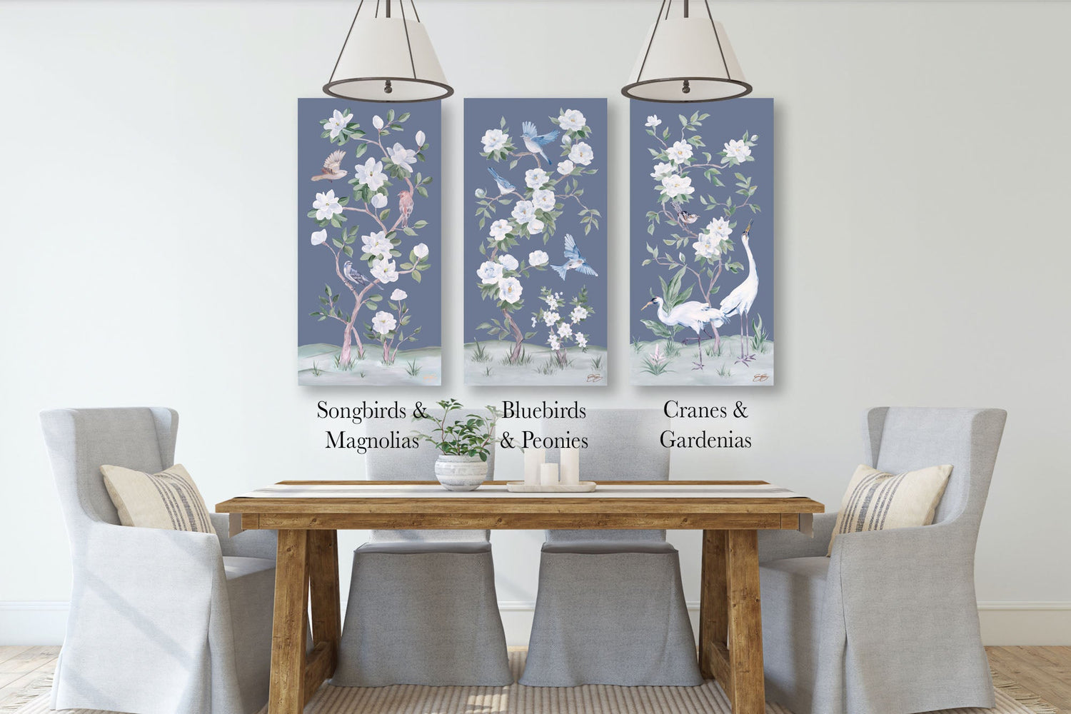 Bluebirds and Peonies – Dark Blue Chinoiserie Canvas Wrap (Various Sizes)