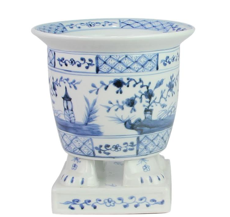 Light Blue Footed Village Scene Planter