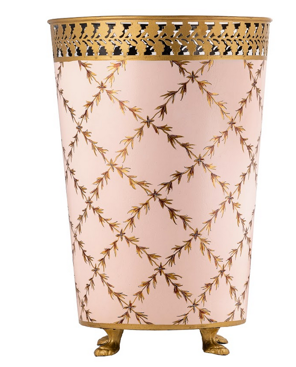 Pale Pink & Gold Trellis w/ Pierced Leaf Wastepaper Basket