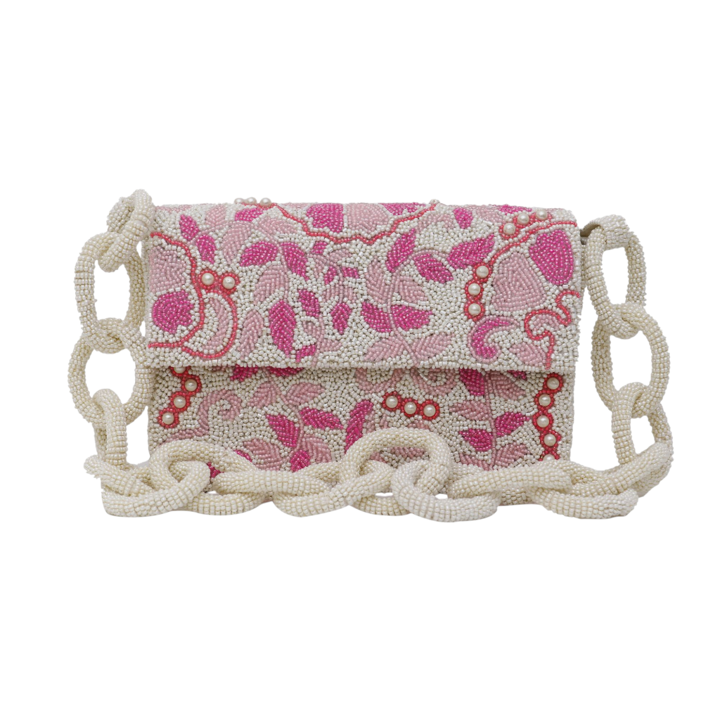 Pink Floral Handbag with Beaded Chain
