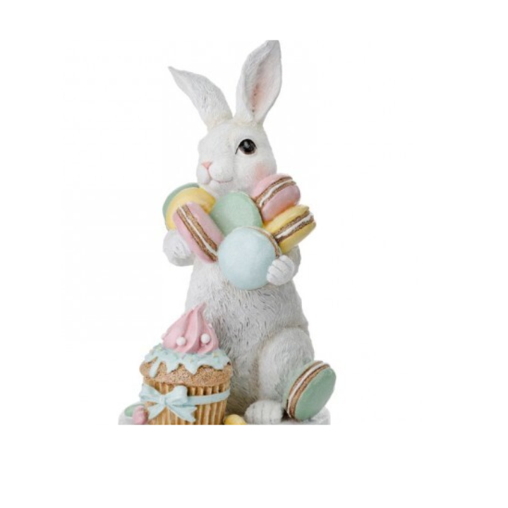 9.5" Resin Easter Bunny with Macarons & Cupcake