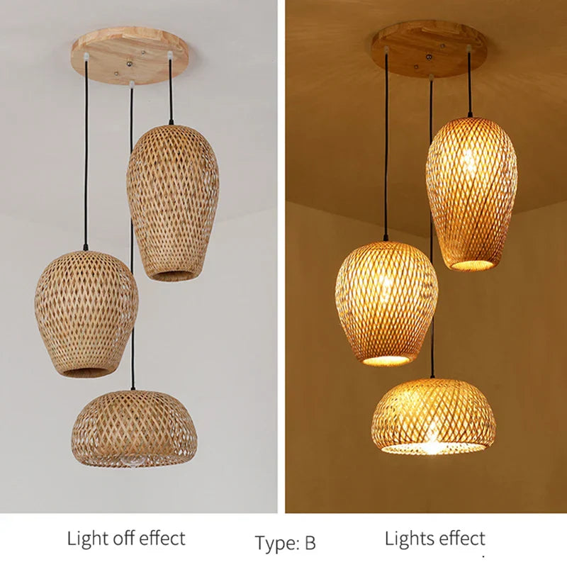 Set of 3Hand-Knitted Bamboo Rattan Pendant Lights (Various Styles)