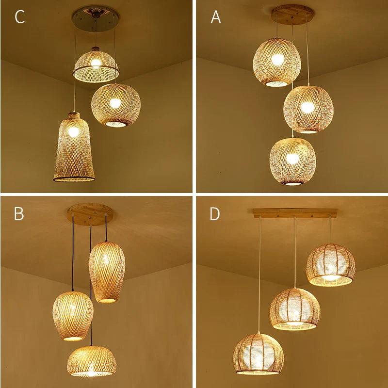Set of 3Hand-Knitted Bamboo Rattan Pendant Lights (Various Styles)