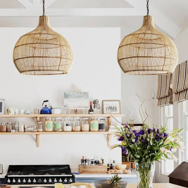 Japanese Handmade Rattan Woven Pendant Lamp Retro Decor (Various Sizes and Colors)