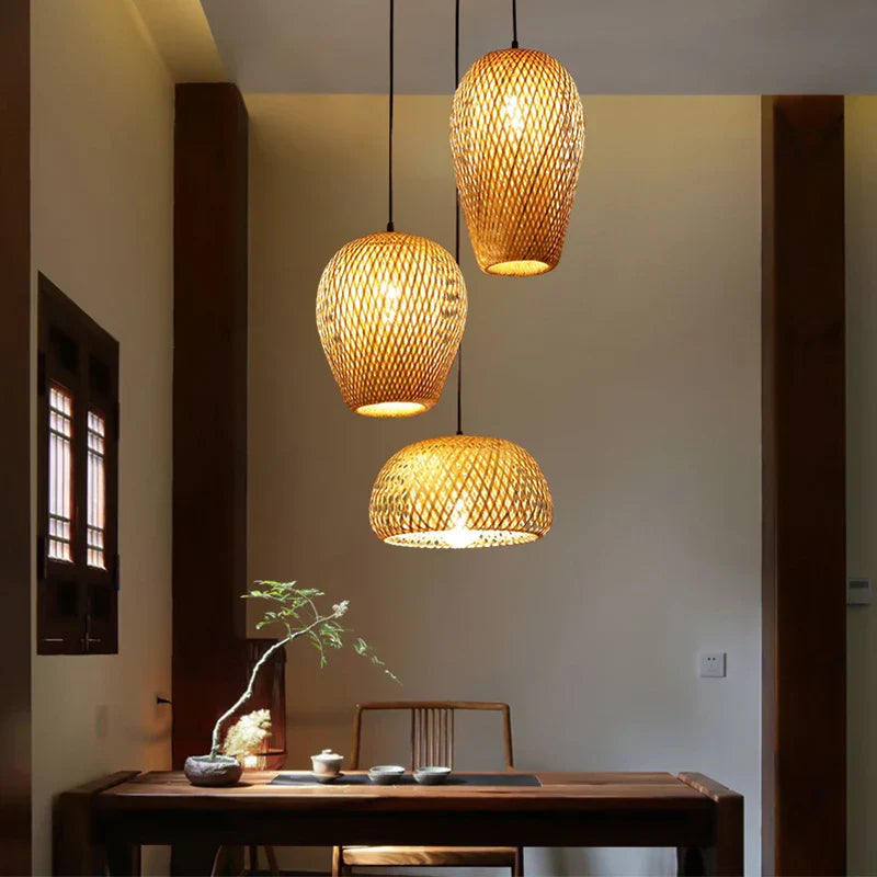 Set of 3Hand-Knitted Bamboo Rattan Pendant Lights (Various Styles)