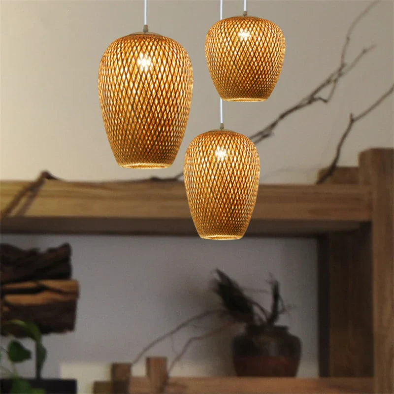 Bamboo Rattan LED Pendant Lamp Handwoven Natural Design (Various Styles, Colors and Sizes)