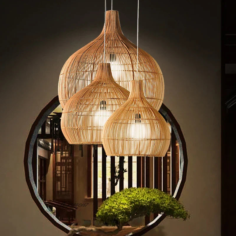 Japanese Handmade Rattan Woven Pendant Lamp Retro Decor (Various Sizes and Colors)