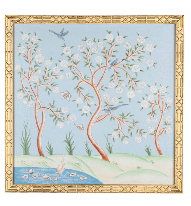 Pale Blue and Multi Color Chinoiserie Mural With Gold Fretwork Frame