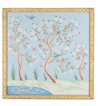 Pale Blue and Multi Color Chinoiserie Mural With Gold Fretwork Frame