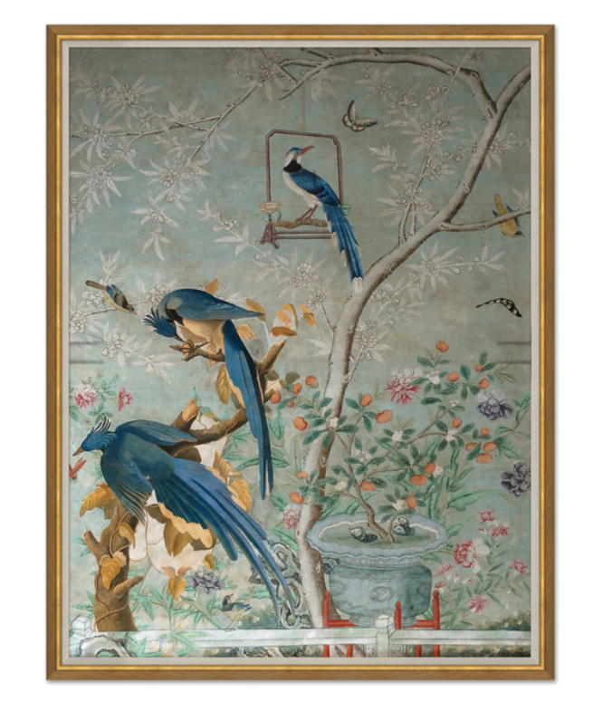 Chinoiserie Painting Featuring Blue Birds in Gold Frame
