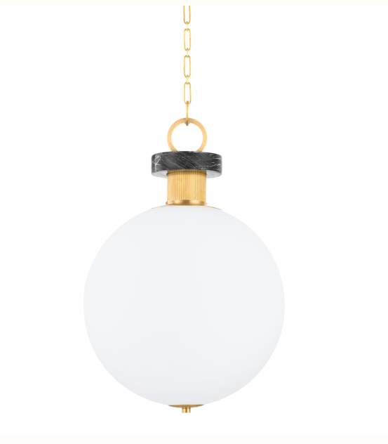 18" Globe Pendant with Opal Etched Glass Shade & Marble Accent in Vintage Brass