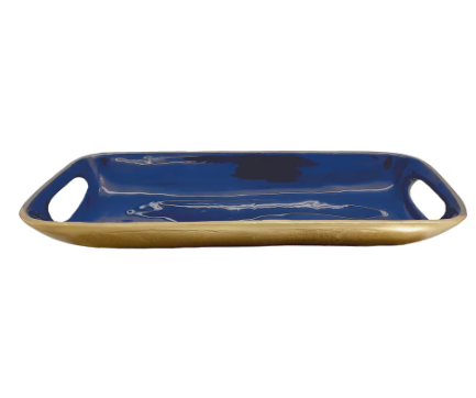 Rectangular Brass Tray with Navy Enamel Interior - Small