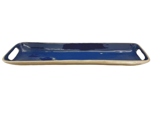 Rectangular Brass Tray with Navy Enamel Interior - Large