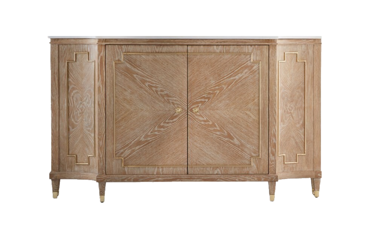 Oak Veneer Console with White Slat Marble Top & Brass Inlay