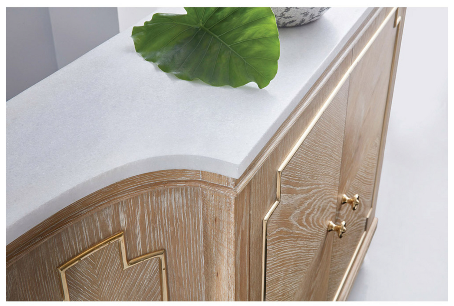 Oak Veneer Console with White Slat Marble Top & Brass Inlay