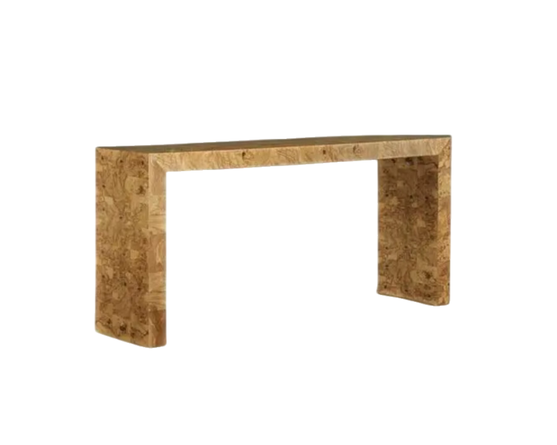 Olive Ash Burl Waterfall Console with Hand-Rubbed Finish