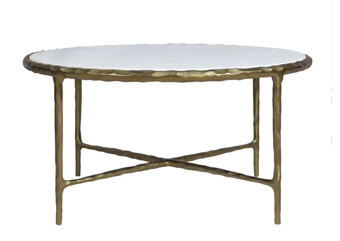 Round Marble Cocktail Table with Hammered Gold Leaf Base