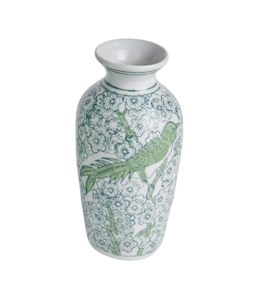 Green and White Chinoiserie Bud Vase with Floral and Bird Motif