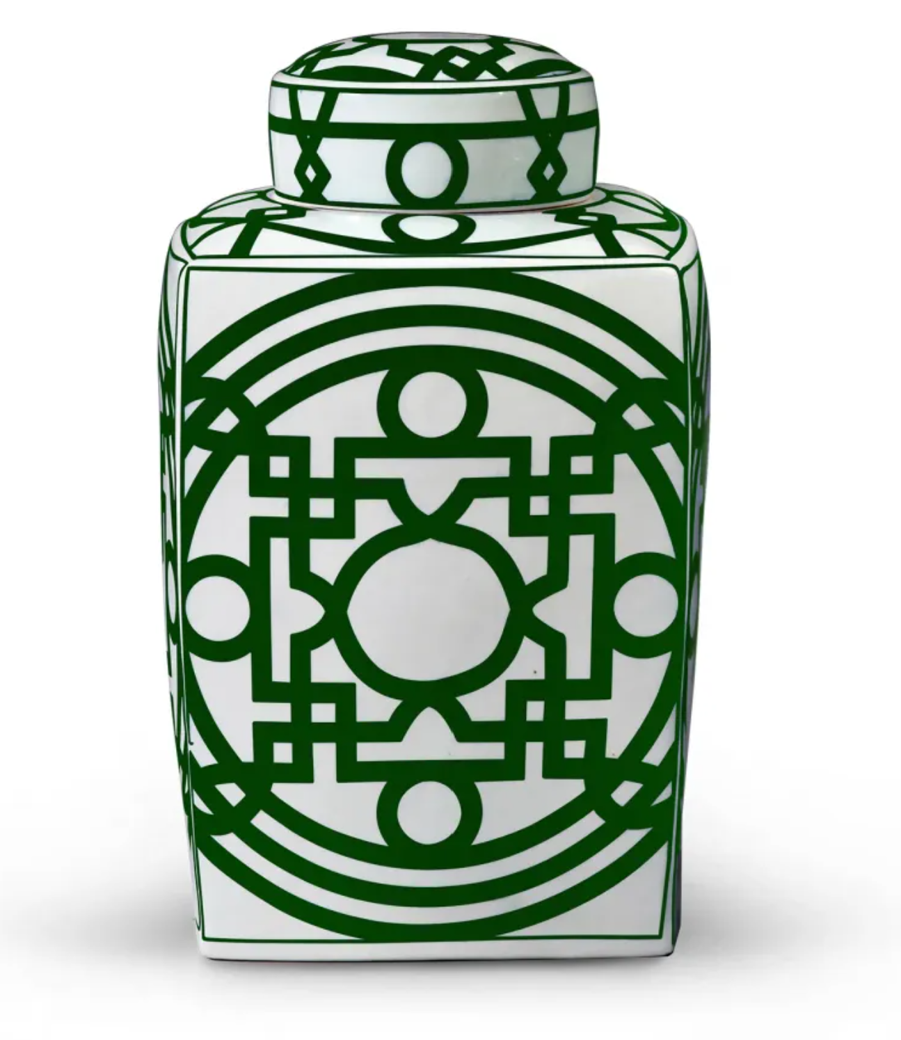 Extra Large White and Green Chinoiserie-Inspired Geometric Lidded Jar