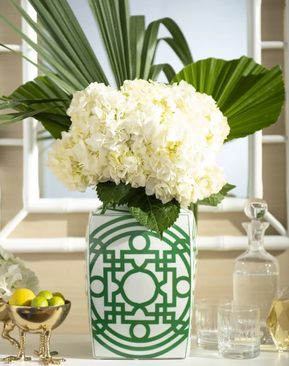 Extra Large White and Green Chinoiserie-Inspired Geometric Lidded Jar