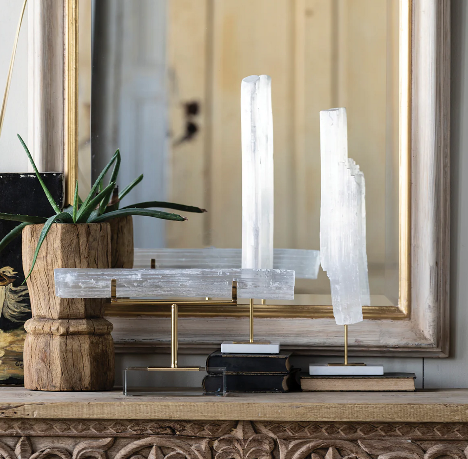 Horizontal Selenite on Brass and Acrylic Base