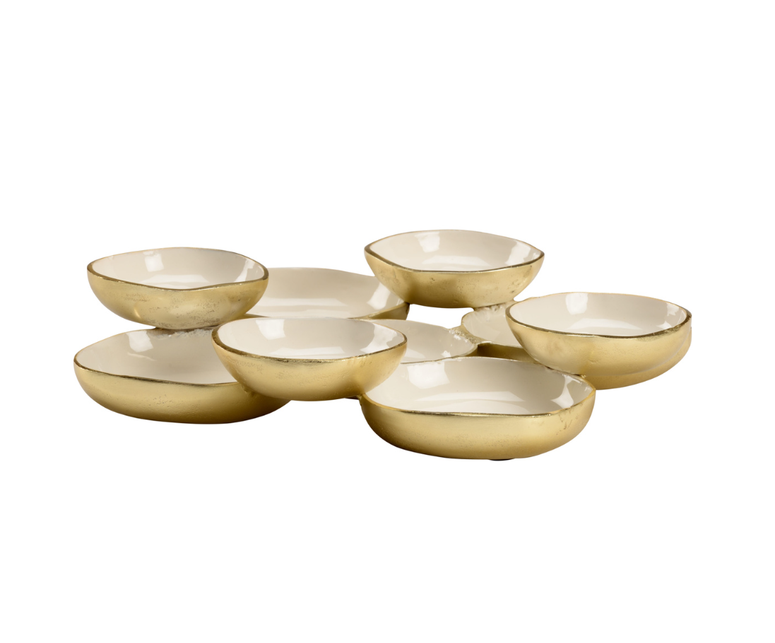 Gold and Cream Decorative Tray with Nine Bowl Design