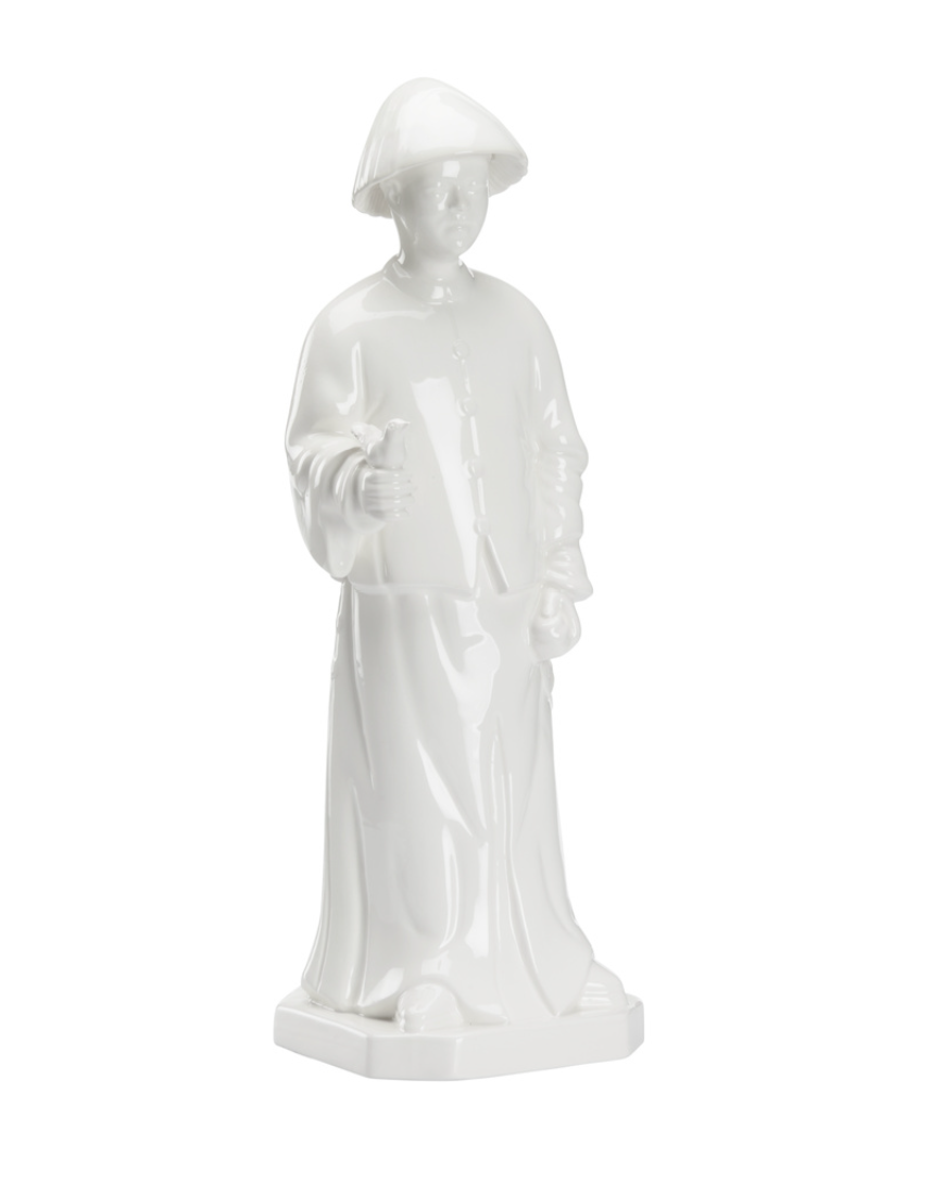 White Glazed Ceramic Figure Holding Bird