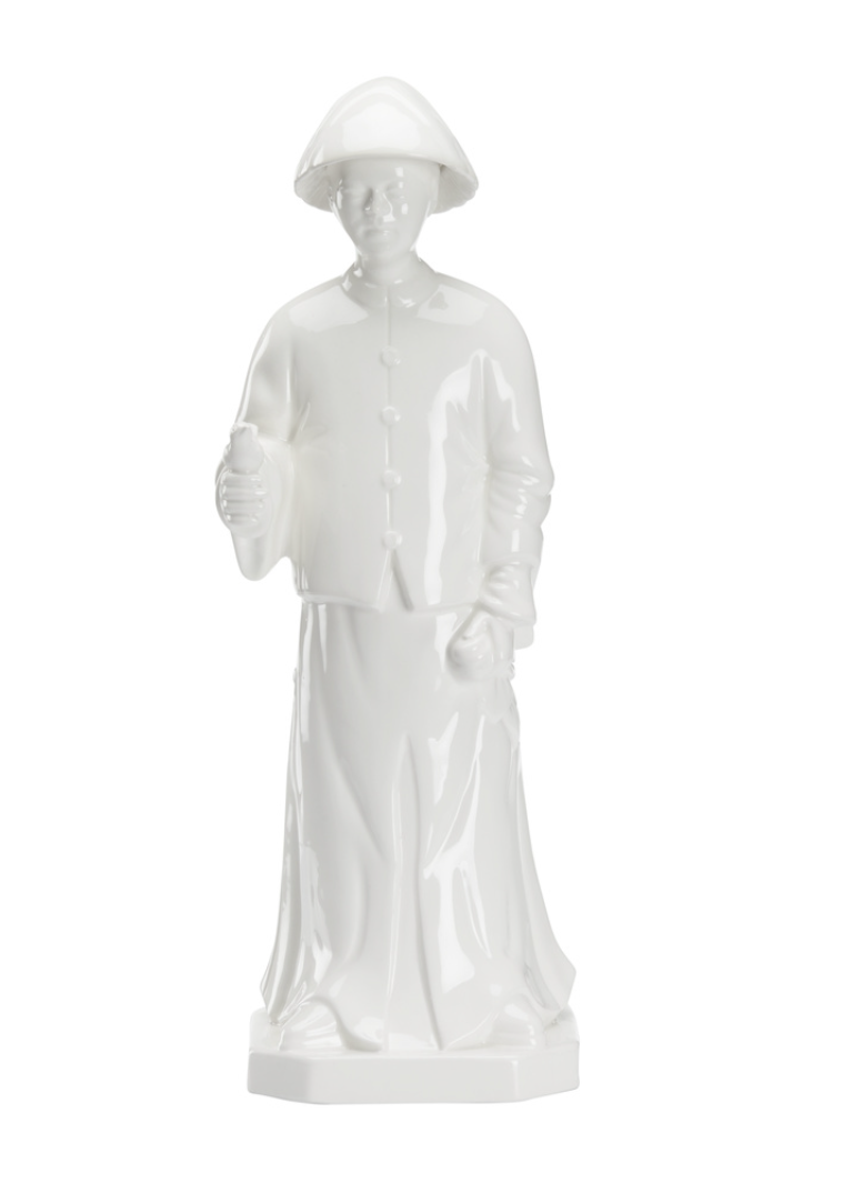 White Glazed Ceramic Figure Holding Bird
