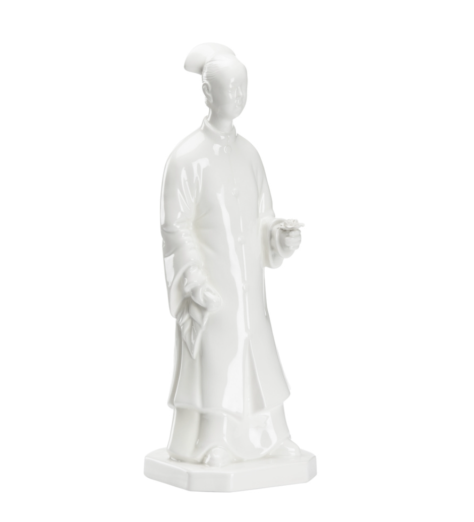 White Glazed Ceramic Figure Holding Flower