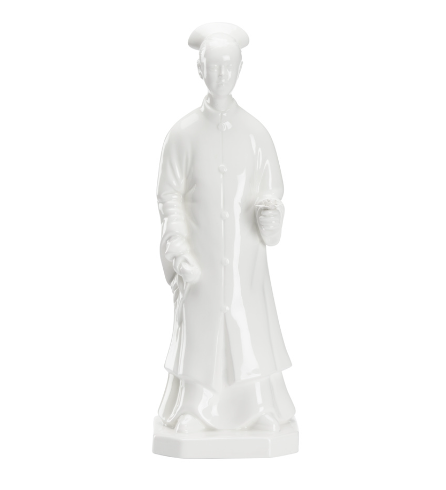 White Glazed Ceramic Figure Holding Flower
