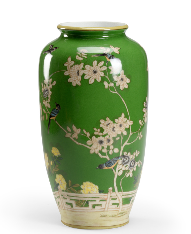Green Hand-Painted Floral & Bird Motif Vase