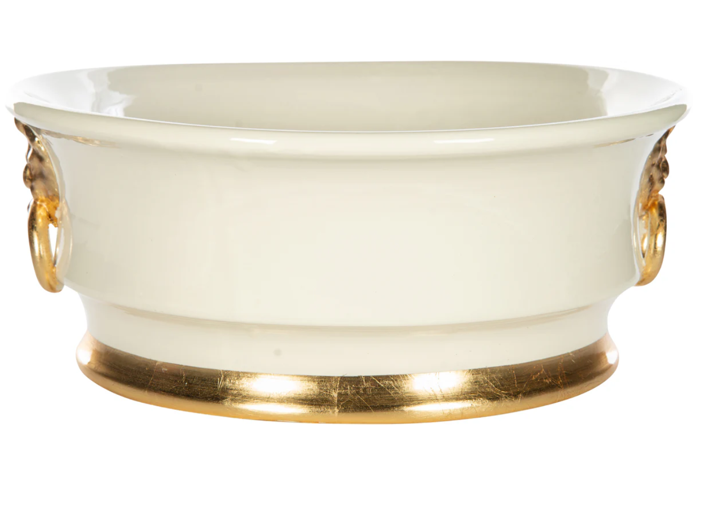 White Ceramic Bowl with Gold Lion Ring Handles